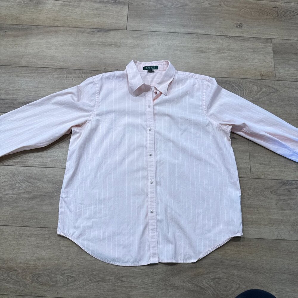 Lauren Ralph Lauren Women’s Pink Pin Stripe Pearl Button Down Collar Shirt Sz XL - Picture 8 of 12